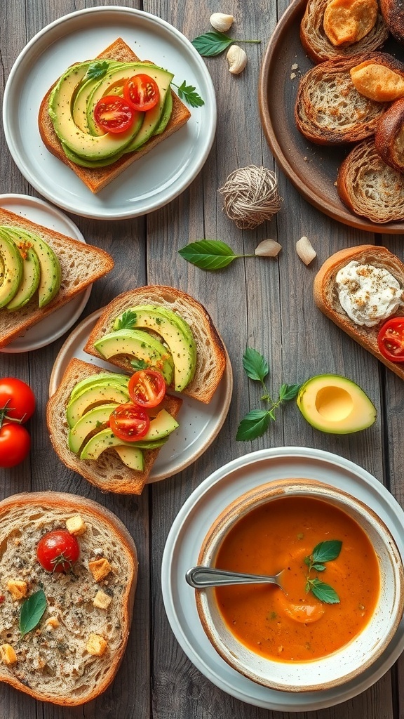 A variety of sourdough bread meals including avocado toast, grilled cheese, and a bread bowl with soup on a rustic table.